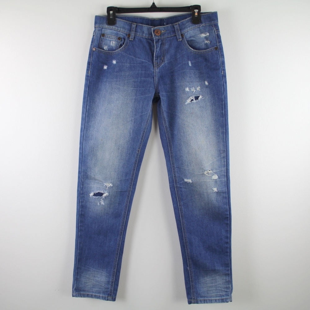 One Teaspoon Women's Straight Leg Distressed Blue Jeans